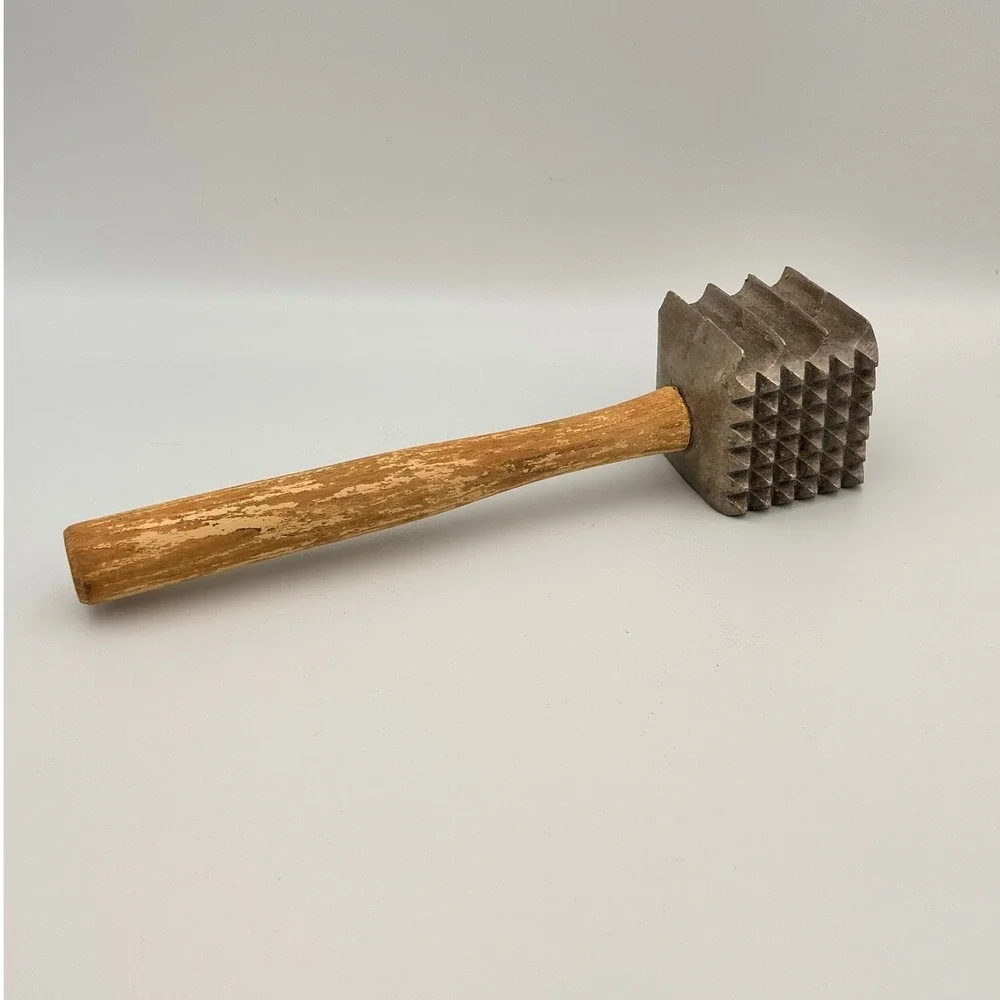 Vintage Meat Tenderizer Mallet Wood Handle Dual Sided Metal Head Primitive Tool